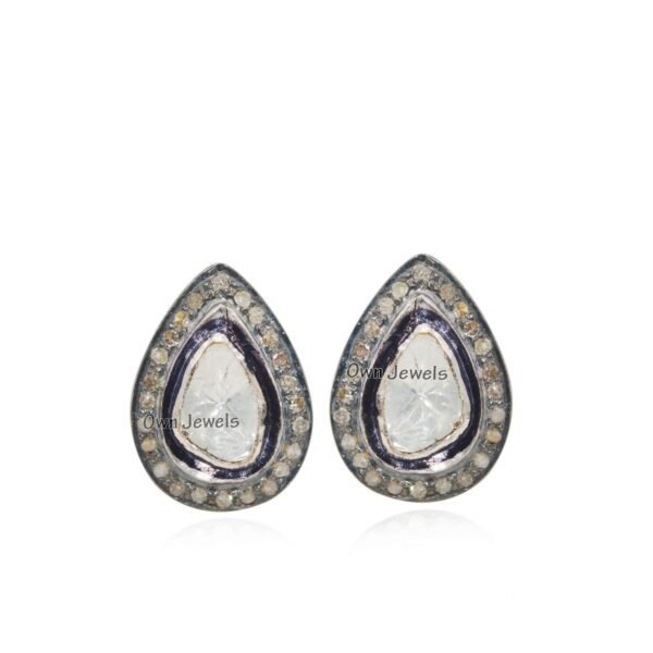 925 Silver Earring Black Rhodium And Yellow Gold Plated Earring, Pave Diamond And Rose Cut Polki Diamond Earring
