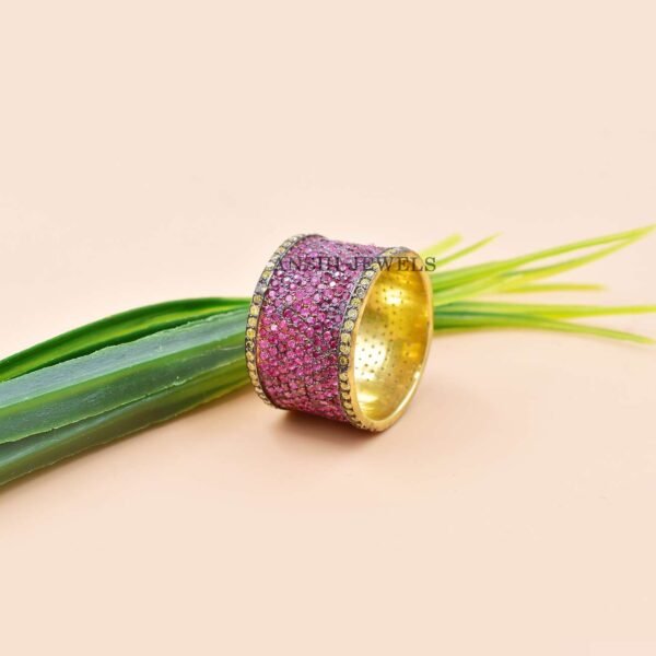 14K Yellow Gold Vermeil Cigar Band Ring, Pink & Yellow Topaz Cigar Band Ring, Handmade Large Cigar Ring