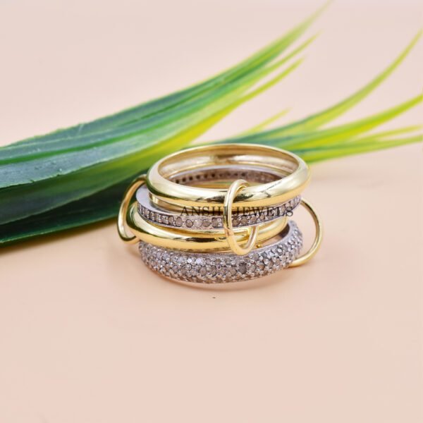 Yellow Gold Plated & Silver Band Ring, Single Cut Diamond Band Ring, Woman 4 Set Band Ring, Enter Locking Band Ring