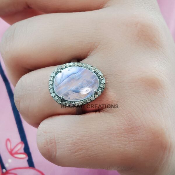 Handmade Moonstone Diamond Ring, Designer Moonstone Ring, Women Diamond Moonstone ring