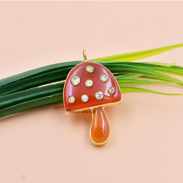 14K Yellow Gold Mushroom Pendant, Carnelian Gemstone Mushroom Pendant, White Topaz Mushroom Pendant