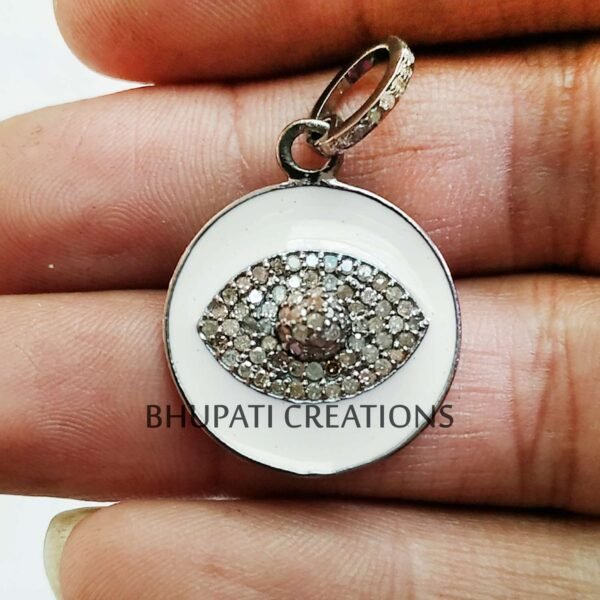 Enamel Evil Eye Diamond Charms, Pave Diamond Enamel Pendants, Enamel Work Silver Diamond Pendant