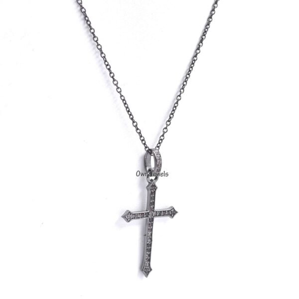 925 silver diamond cross necklace, diamond cross pendant, handmade cross diamond pendant, women cross pendant, oxidized grey cross necklace - Image 2