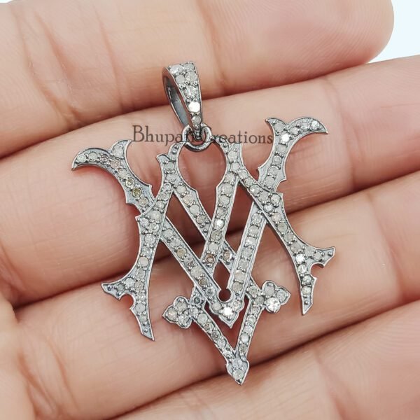 Pave Diamond Silver Monogram, MV-VM Monogram Jewelry, Custom Initial Monogram, 925 Silver Grey Oxidized Monogram